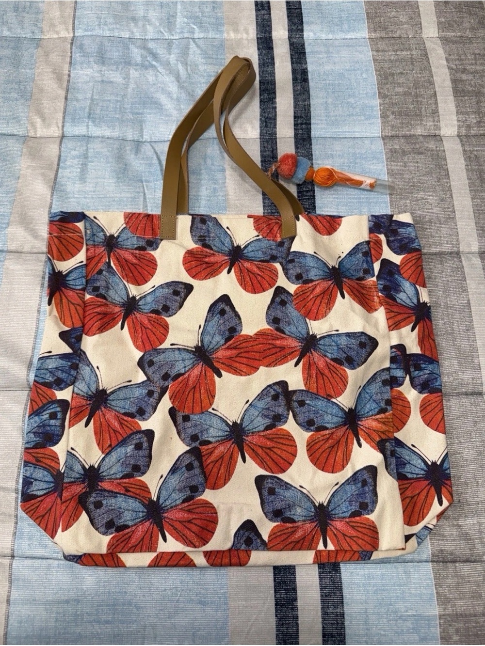 Butterfly Canvas Tote Bag in Blue and Orange with Tan Straps